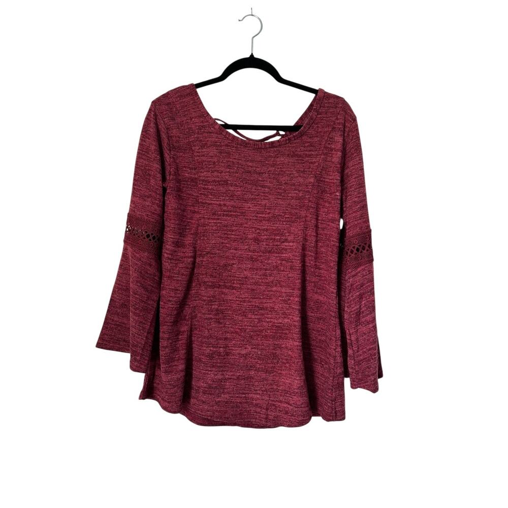 Win Win Cross Back Tie Tunic Size S-M Heathered Burgundy Boho Peasant Bell Sleev